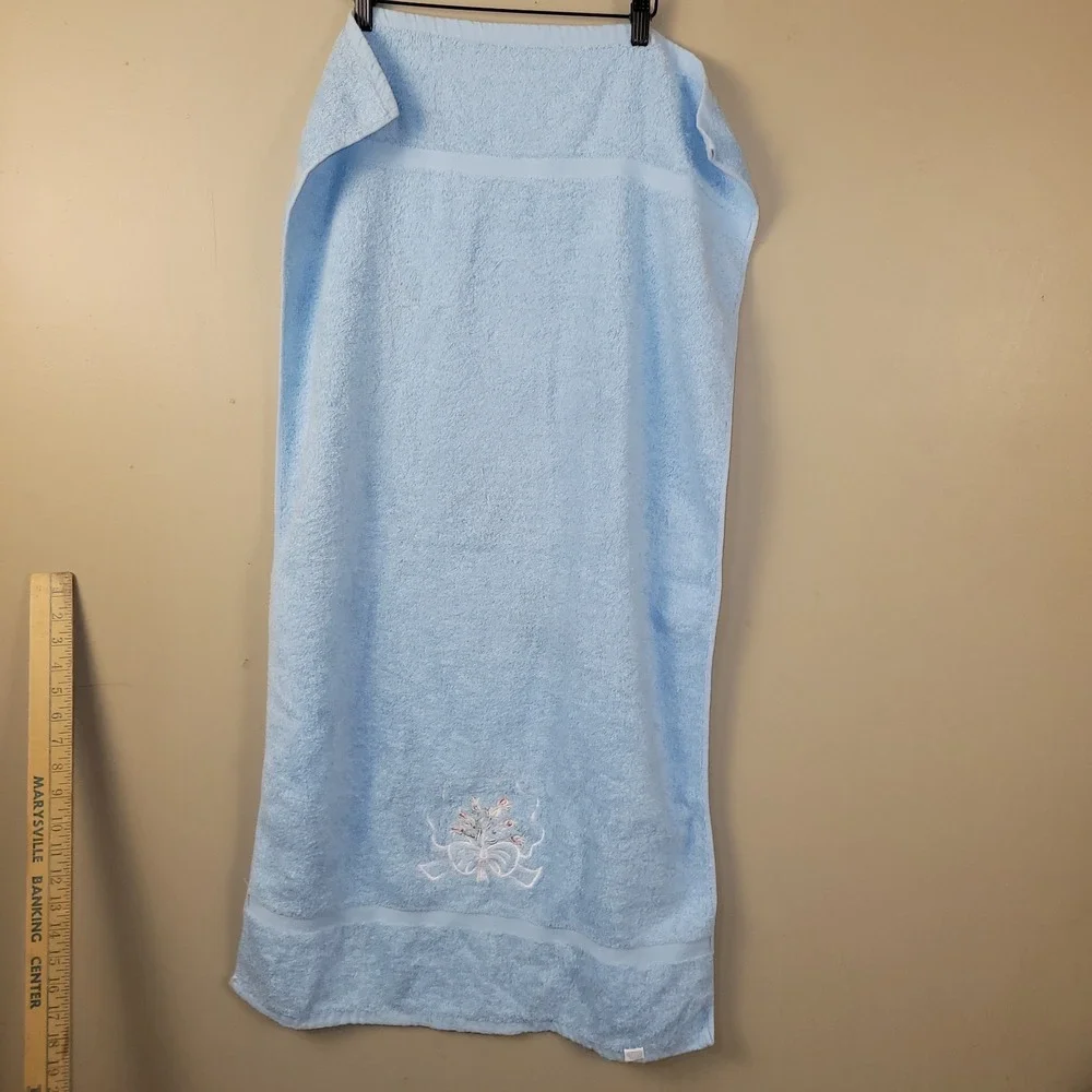 Vintage Blue Bath Towel & Washcloth Set Embroidered Floral Bow 100%‎ Cotton